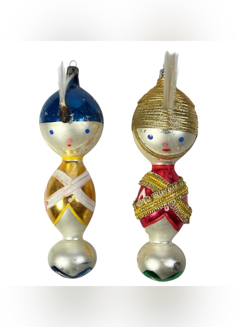 2 Vtg 6" Blown Frosted Mercury Glass Toy Soldier Christmas Ornament Poland 1950s